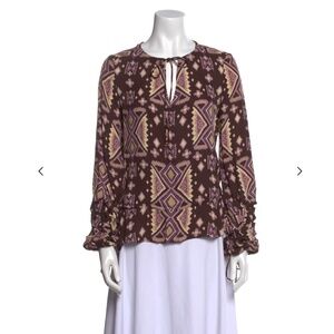 Tory Burch Silk Batik Geometric Aztec Print Blouse Top Long Sleeve Size 8